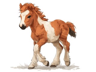 Obraz premium Small brown and white horse is running across a white background. The horse is the main focus of the image, and it is full of energy and excitement