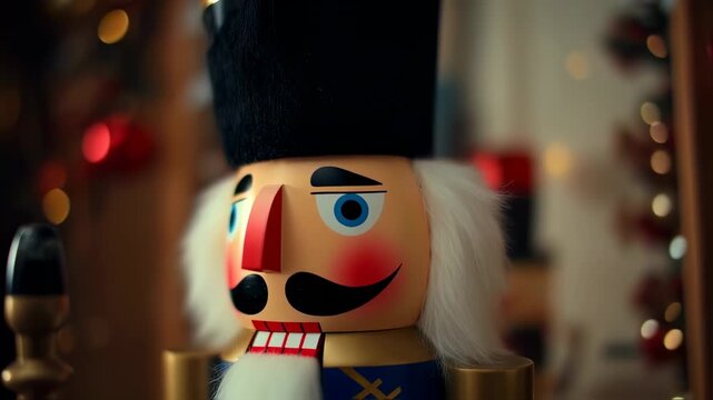 Close-up of a traditional nutcracker doll with a black hat and white beard, surrounded by festive bokeh lights, evoking a warm holiday atmosphere.