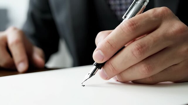 A man holds a pen while the pen touches paper. The man writes with the pen, showing the man's focus on writing with the pen on the white paper.
