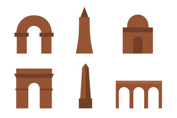 Unique geometric representations of historic monuments in warm brown tones showcasing architectural diversity and cultural significance