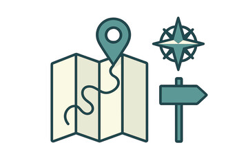 Various navigation elements including a map, location pin, compass, and directional sign for guiding travel