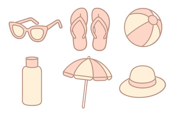 Summer vacation essentials including sunglasses, flip flops, beach ball, sunblock, umbrella, and hat on a light background