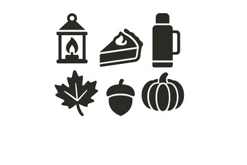 Autumn themes featuring lantern, pie, thermos, leaf, acorn, and pumpkin in a cozy setting