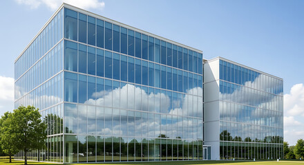 Minimalist modern office building with transparent glass walls and bright sky reflection
