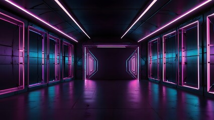 Glowing Futuristic Neon Tunnel with Symmetrical Light Design