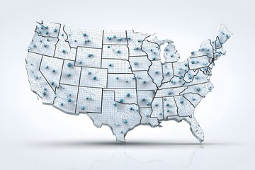Digital Map of United States with Data Points and Grid Overlay in Cool Blue Tones