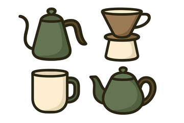Various coffee and tea brewing tools displayed in a simple design showing kettles, mugs, and brewing cones in green and cream colors