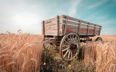 Antique wooden wagon rests in a golden wheat field under a vast sky