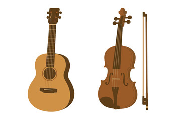 Guitar and violin displayed side by side in a simple design showcasing musical instruments and their features