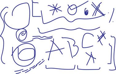 Blue scribbles and letters symbols shapes