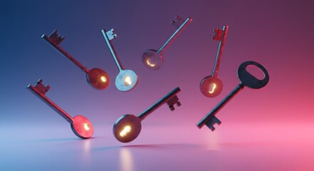 Floating keys with glowing keyholes on a colorful background.