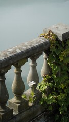 Weathered concrete balustrade with lush green ivy overgrowth on a misty day