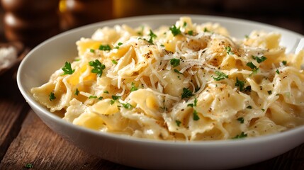 Delicious plate of pasta is artfully arranged, exhibiting a vibrant presentation of farfalle, with a generous dusting of grated cheese and flavorful green herbs, set in a ceramic bowl against a...