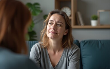 Middle aged frustrated sad woman in psychological therapy session. High quality