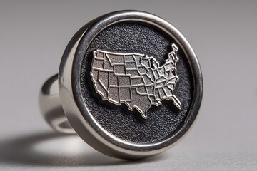 Silver Round Stamp with United States Map and State Borders with Dark Background
