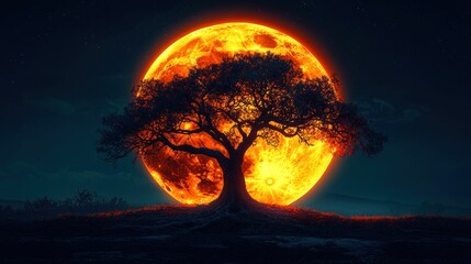 Tree silhouette against large, fiery moon. Night sky with faint stars visible