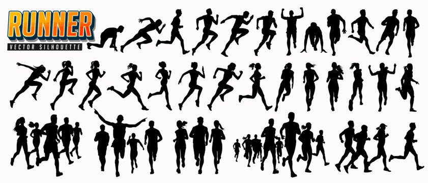 Silhouette of man and woman runner, running people, jogging couple, athlete and young active sports person symbolizing marathon, training activity, fitness exercise or healthy lifestyle. Sprinter icon