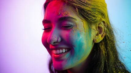 Vibrant holi celebration woman's face covered in colorful powders joyful expression