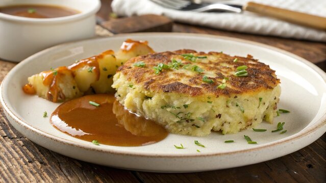 Savoring traditional bubble and squeak with rich gravy and roasted vegetables on a rustic wooden table