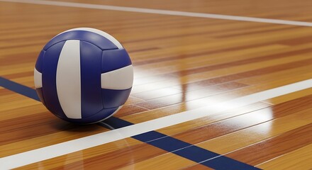 Volleyball on a wooden court with white lines.