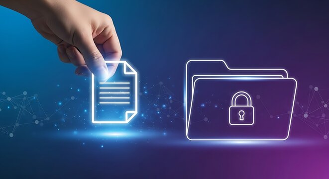 Hand placing virtual document into secure folder with padlock, symbolizing data protection, privacy, and cybersecurity for confidential information and sensitive files