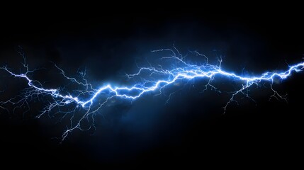 Electric blue lightning strikes diagonally across a dark, cloudy background, creating a dramatic and dynamic composition that showcases the power of a thunderstorm, suggesting energy and nature's...