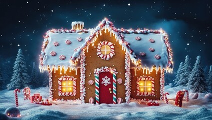 Snowy gingerbread house under starry skies, winter wonderland