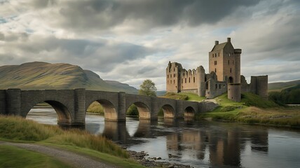 Ancient medieval castle ruins beside a historic stone bridge and reflecting river under dramatic sky