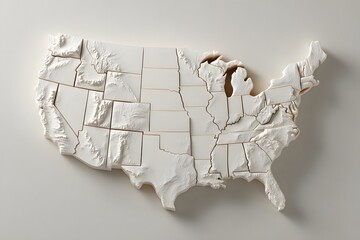White 3d Map of United States with State Borders on Light Background