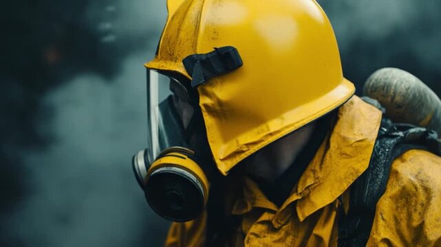 Bravery in the Face of Adversity: A firefighter, clad in protective gear and respirator, stands amidst a smoky environment, embodying courage, resilience, and selflessness.
