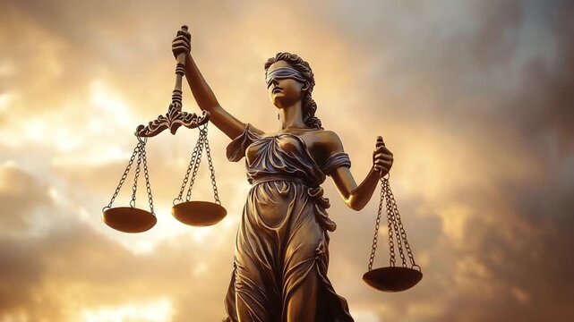 Lady Justice: A majestic depiction of Lady Justice, holding the scales, set against a dramatic sky, embodying justice, law, and fairness. 