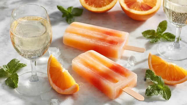 Refreshing frozen fruit popsicles with vibrant orange and red hues rest alongside a glass of sparkling beverage, fresh mint, and orange slices creating a summery, cheerful atmosphere on a bright,...