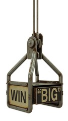 Vintage claw machine prize grabber with "win big" signs retro arcade game part detail