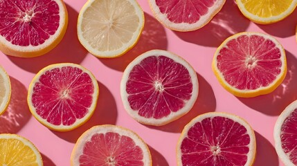 Fototapeta premium Sliced citrus fruits, including vibrant pink grapefruits and bright yellow lemons, are arranged on a pastel pink background, creating a visually appealing pattern and showcasing the fresh, juicy...