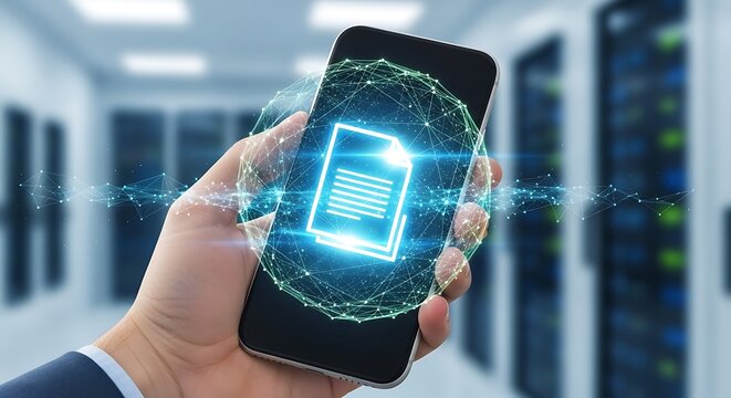 Close up of a hand holding a smartphone with a digital document icon on the screen, representing data management, file transfer, and cloud storage in a server room