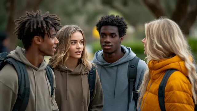 Diverse quartet of young adults engaged in thoughtful conversation outdoors, carrying backpacks, representing modern student experience or close friendship