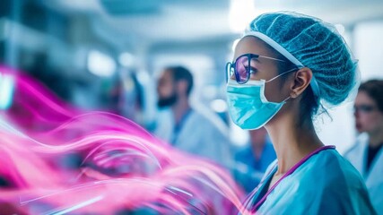 Dedicated healthcare professional in modern clinical environment with vibrant flowing data streams - Powered by Adobe