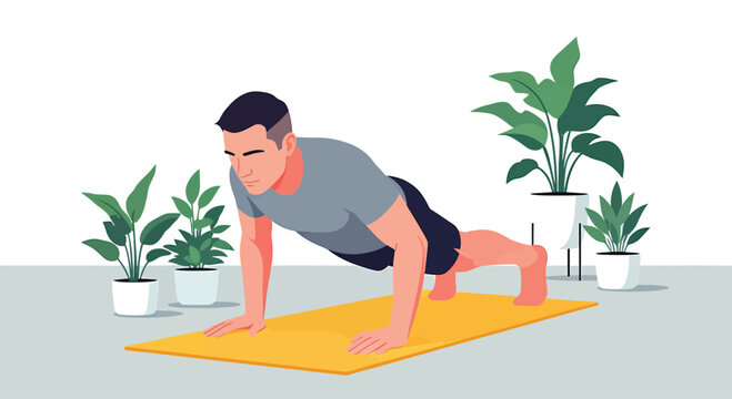 Man Doing Push-Ups on Exercise Mat. Home Workout and Fitness Training.
