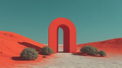 A striking, surreal landscape showcases a vibrant red archway standing prominently in a barren, desert-like environment, featuring sparse, green shrubbery against an inviting teal sky.