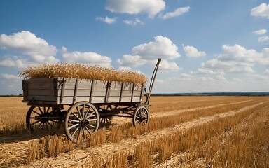 Old wooden wagon laden with hay in a golden wheat field under a blue sky