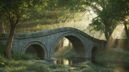 Enchanting rustic medieval stone bridge arches hidden amidst lush forest foliage