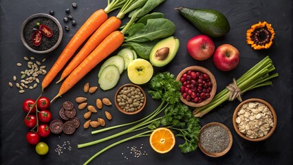 Fresh vegetables, fruits, and seeds beautifully arranged on a black table welcoming vibrant colors and healthy choices for a nutritious feast