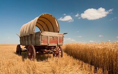 Antique wooden covered wagon resting in a golden wheat field under a blue sky