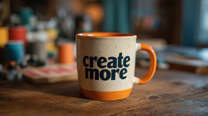 Creator Fall Content Plan, cozy ceramic coffee mug with create more quote on rustic wooden table in softly lit indoor workspace, styled for autumn productivity, warm inspiration, and focused creative