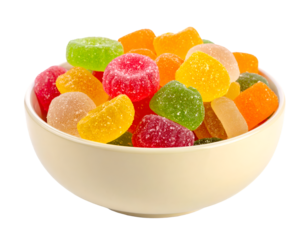 Gummy Candy Pile in bowl isolated on transparent png