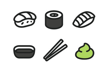 Variety of Japanese sushi, sashimi, maki, chopsticks, wasabi, and soy sauce items
