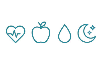 Healthy lifestyle icons representing wellness, balanced diet, hydration, and good sleep