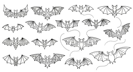Elegant Line Art Collection of Bats in Flight Perfect for Halloween Decorations, Invitations, and Craft Projects