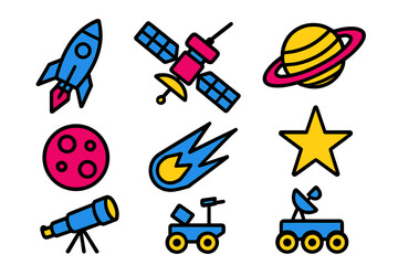 Colorful space-themed icons depicting rockets, planets, and telescopes in a playful arrangement suitable for educational use