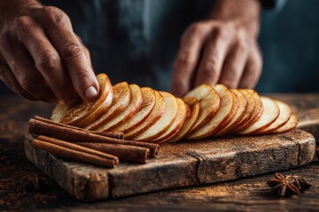 Thanksgiving celebrations on a budget, fresh apple slices arranged by hand on rustic wooden cutting board with cinnamon sticks, capturing cozy seasonal meal prep and traditional holiday ingredients